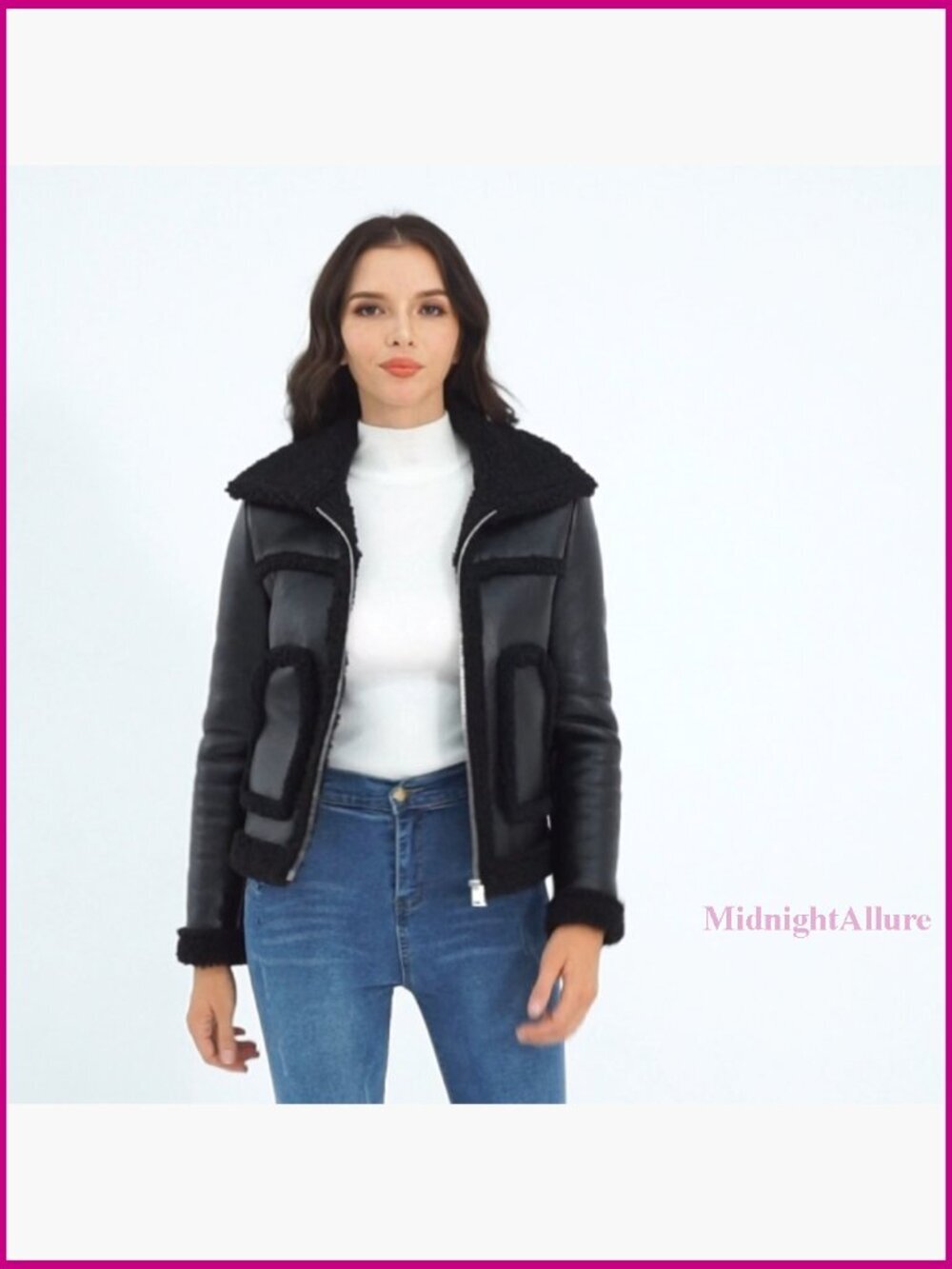 Faux Leather Fur Lined Winter Coat Aviator Style Regular Fit - Picture 7 of 7